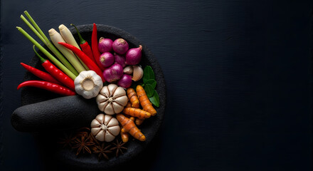 Top view of traditional Indonesian spices and herbs like chili, garlic, and turmeric in a stone mortar (cobek), on a black background with copy space. Asian cooking concept