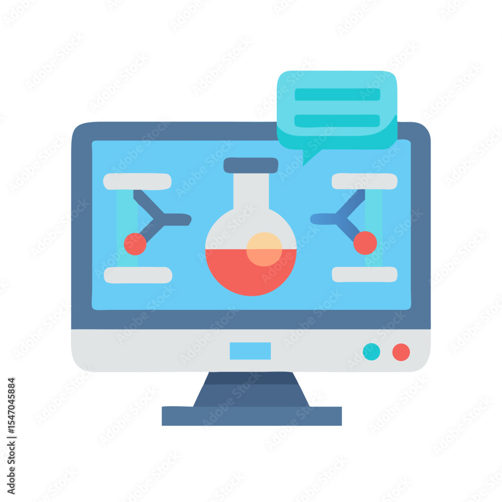 Poster flat vector design showcasing scientific experiment results on computer screen