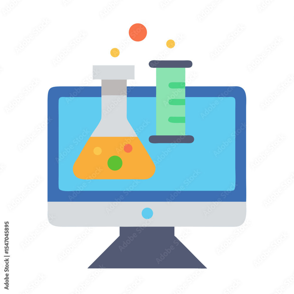Poster online science learning depicting a computer with laboratory glassware