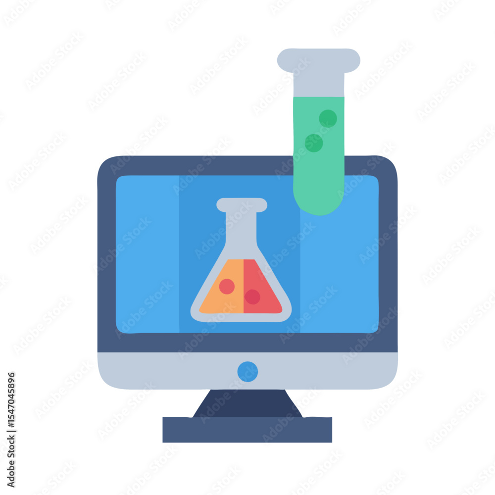 Poster online science laboratory illustration on computer with flask and tube