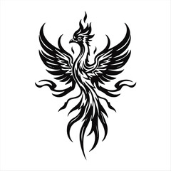 Obraz premium A majestic phoenix silhouette rising from abstract flame-shaped feathers, in a classic black and white tribal tattoo design, rendered in detailed vector art, antique patina finish.