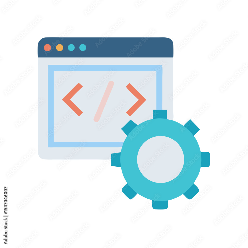 Poster web development icon with setting gear and coding symbols
