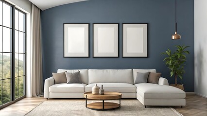 Modern Living Room with Cozy Sectional and Blank Frames