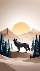 A majestic wolf stands alert in a lush forest, surrounded by tall, green trees, with dappled sunlight filtering through the leaves, creating a serene atmosphere.