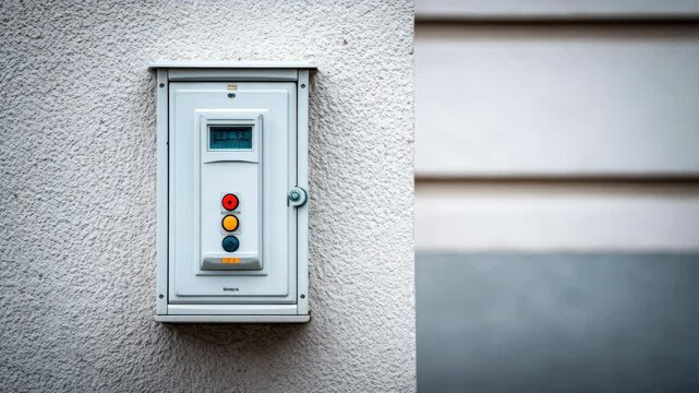 Electric meter control panel wall outdoor utility box with buttons and digital display, modern technology for safety and power measurement, energy equipment residential building exterior