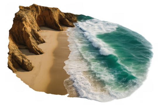 Powerful ocean waves crashing on a beautiful sandy beach near a rocky cliff, isolated on a transparent background, perfect for travel and nature-themed projects