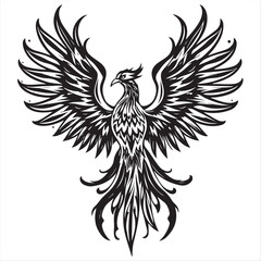 Obraz premium Detailed vector art of a phoenix silhouette in a majestic pose. Black ink lines, sharp details, tribal tattoo style, flames forming abstract feather shapes, timeless and elegant aesthetic. Wide angle.
