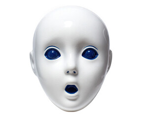 White ceramic horror face mask with wide blue eyes and open mouth, isolated on transparency background, evokes eerie and unsettling emotion, perfect for Halloween or theatrical use