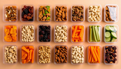 Overhead shot of healthy snack packs in transparent containers — nuts, dried fruit, veggie sticks — organized on a peach-colored background, vivid detail