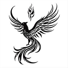 Obraz premium Timeless and elegant black and white vector art of a phoenix silhouette rising, wings spread, flames depicted as abstract tribal-inspired feather shapes, detailed line art.
