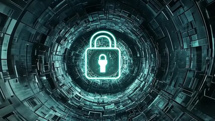 Futuristic digital lock symbol in a high-tech circular tunnel, representing cybersecurity and protection - Powered by Adobe
