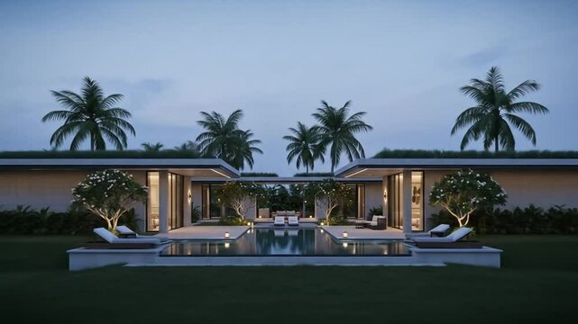 Luxury modern villa exterior with pool and tropical landscaping at dusk time