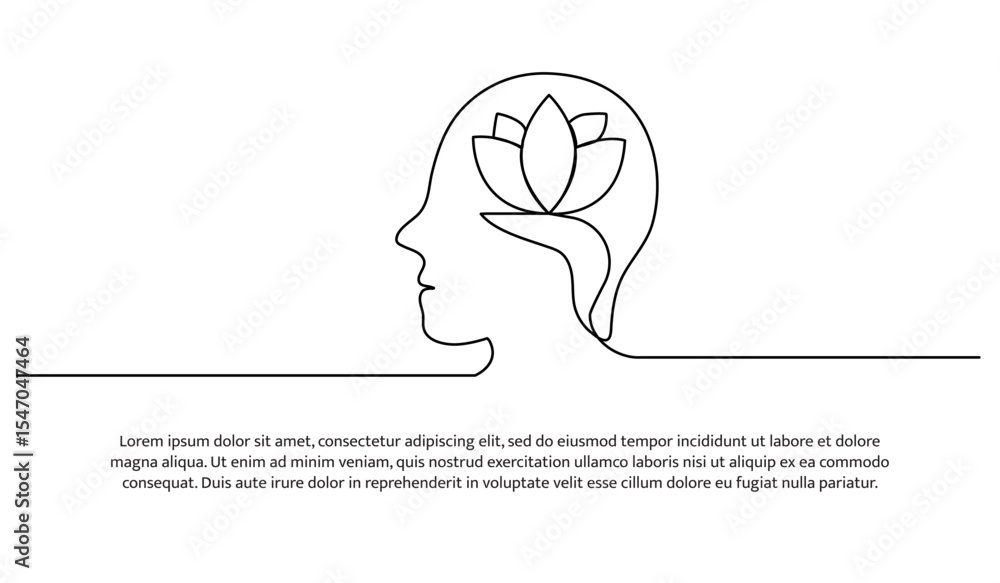 Poster one line human head with leaves inside. abstract minimal continuous line.