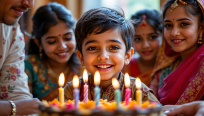 Happy boy celebrating birthday with family, colorful candles glowing warmly, joyful festive moment captured indoors