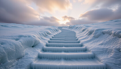 Frozen icy stairs covered with snow lead upward through winter landscape under dramatic cloudy sky at sunset