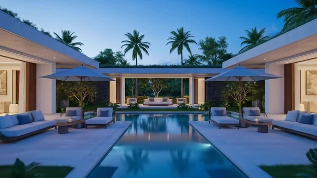 Luxurious modern villa with infinity pool and tropical palm trees at dusk relaxing ambiance