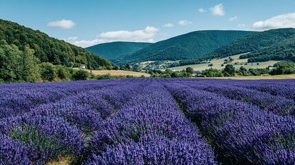 Lush lavender field stretches across a valley.