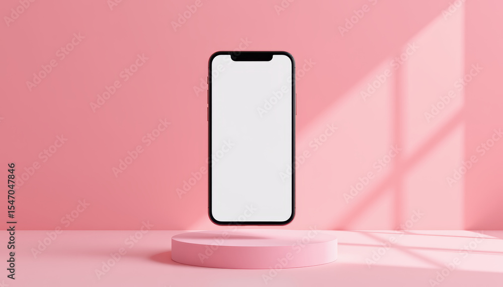 Poster smartphone with blank screen floating above round platform in soft pink room with window light shado