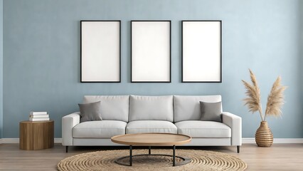 Modern Living Room with Empty Frames and Pampas Grass