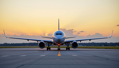 Passenger airplane grounded at dusk with glowing lights and colorful sky creating calm atmosphere