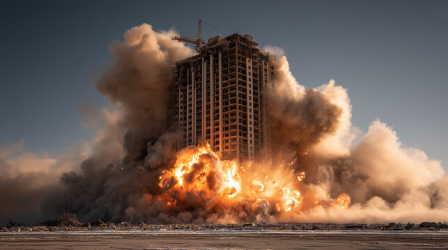 Building is destroyed by a bomb, and the smoke is billowing into the sky. The scene is chaotic and destructive, with the building reduced to rubble. The explosion has left a large cloud of dust