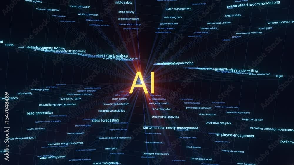 Poster 3d grid loop visualizing ai applications in healthcare, education, logistics, and more. immersive gl