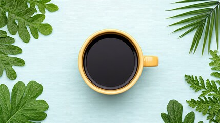 A cup of coffee surrounded by lush green leaves on a pale blue surface.