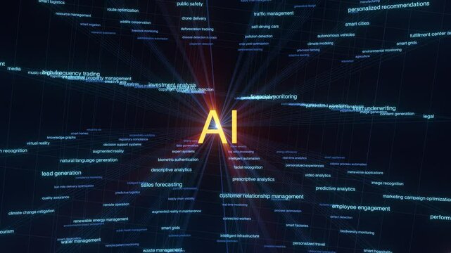 3D grid loop visualizing AI applications in healthcare, education, logistics, and more. Immersive glowing keyword network forms a futuristic tech background for motion graphics, presentations