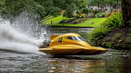 A yellow hydroplane speeds through a river, creating a splash in a lush green park setting