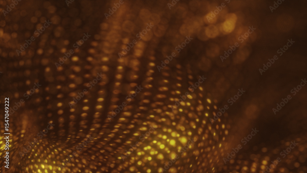 Poster technology network background with glowing gold particles forming an abstract mesh wave. futuristic 