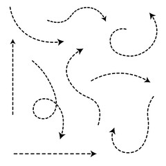 dashed arrow set doodle dotted line design icon. black dotted arrows set. dash line arrow icon. curved dotted arrow. zigzag arrow design. vector illustration and transparent png.