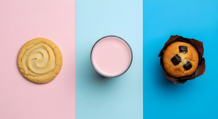 Delicious Cookies  Milk  and Pastry on Colorful Backgrounds