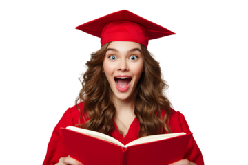 Excited graduate student holding a book.
