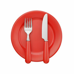 Red Plate Set with Fork and Knife for Dining