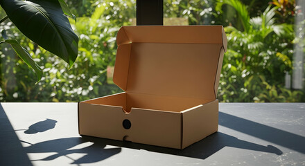 Unopened Cardboard Box on a Sunlit Table with Green Foliage