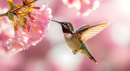 Beautiful Hummingbird Drinking Nectar from Pink Blossoms