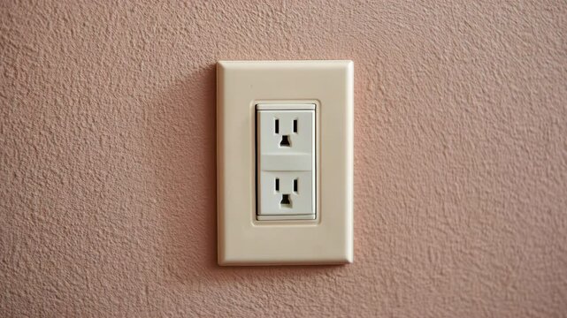 White electrical outlet and wall socket textured pink wall, featuring standard two socket design for home interior, clean and simple with soft lighting, white power plug equipment, modern energy