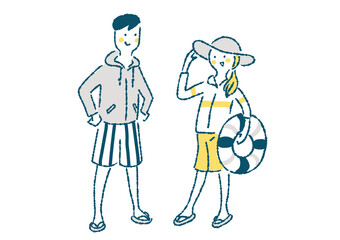 水着とラッシュガードを着たカップルの手描きイラスト（少ない色）