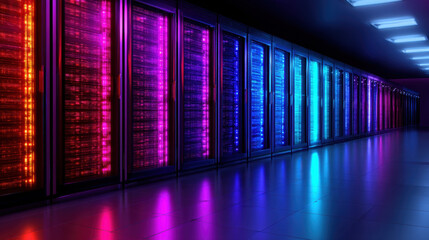 Fototapeta premium Quantum programming server room with colorful neon lights reflecting on floor creating futuristic and vibrant atmosphere