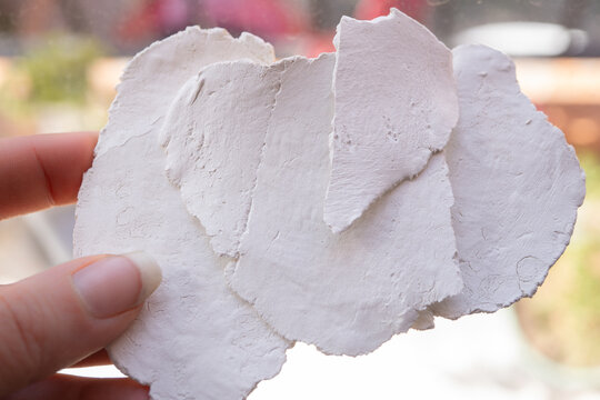 mano sosteniendo pedazos de arcilla seca blanca