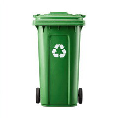 Green recycling bin with wheels and lid isolated on white