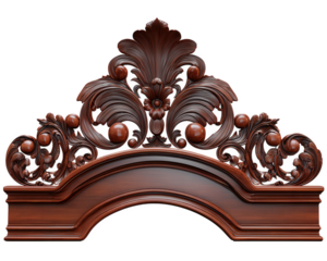 Ornate wood carving floral pattern decorative arch dark brown classic style isolated on white intricate detail vintage elegant traditional craftsmanship