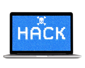 Laptop displaying blue digital HACK text with skull symbol, binary code background, symbolizing cyber attack, hacking, data breach, and online security threat