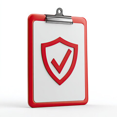 Red clipboard with shield and checkmark symbol showing security