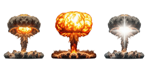 Illustrated nuclear mushroom cloud explosions set isolated on transparent background