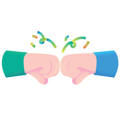 Vector cartoon of two fists bumping each other with confetti. A cheerful illustration of support, teamwork, celebration, and social unity in a cute flat colorful style for apps, web, or posters.