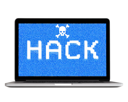 Laptop displaying blue digital HACK text with skull symbol, binary code background, symbolizing cyber attack, hacking, data breach, and online security threat