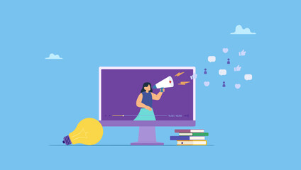 Vector illustration of a woman with megaphone on video media player. Video marketing, live stream or media clip to promote brand, influencer advertising, content marketing or online digital campaign.