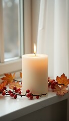 Candle light autumn leaves berries window sill cozy home decoration