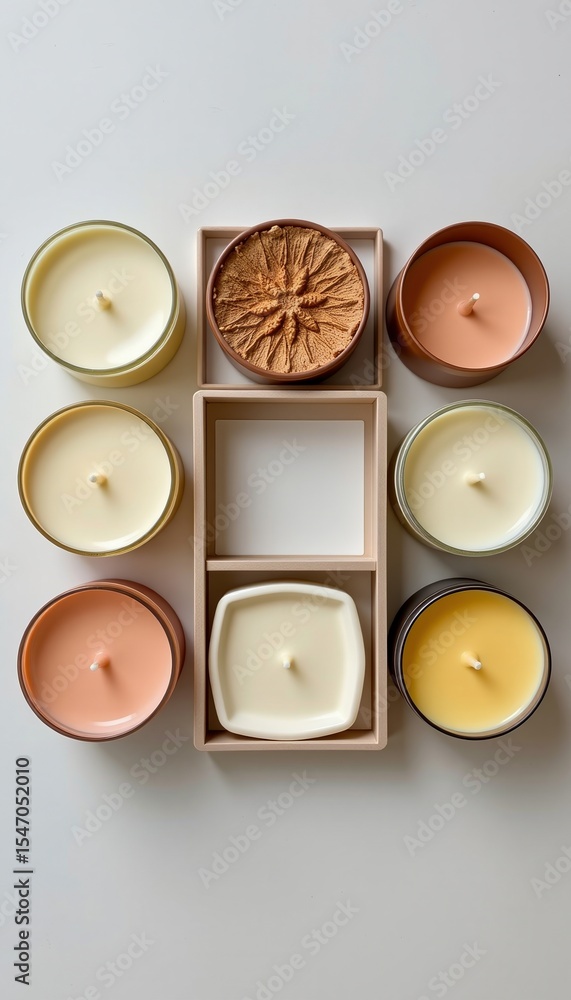Poster assorted scented candles in various colors and containers arranged symmetrically with one candle fea